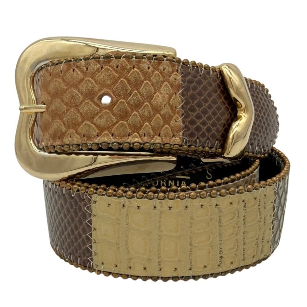Elite Embossed Snake Croc Patchwork Belt Gold Buckle Size S Vintage